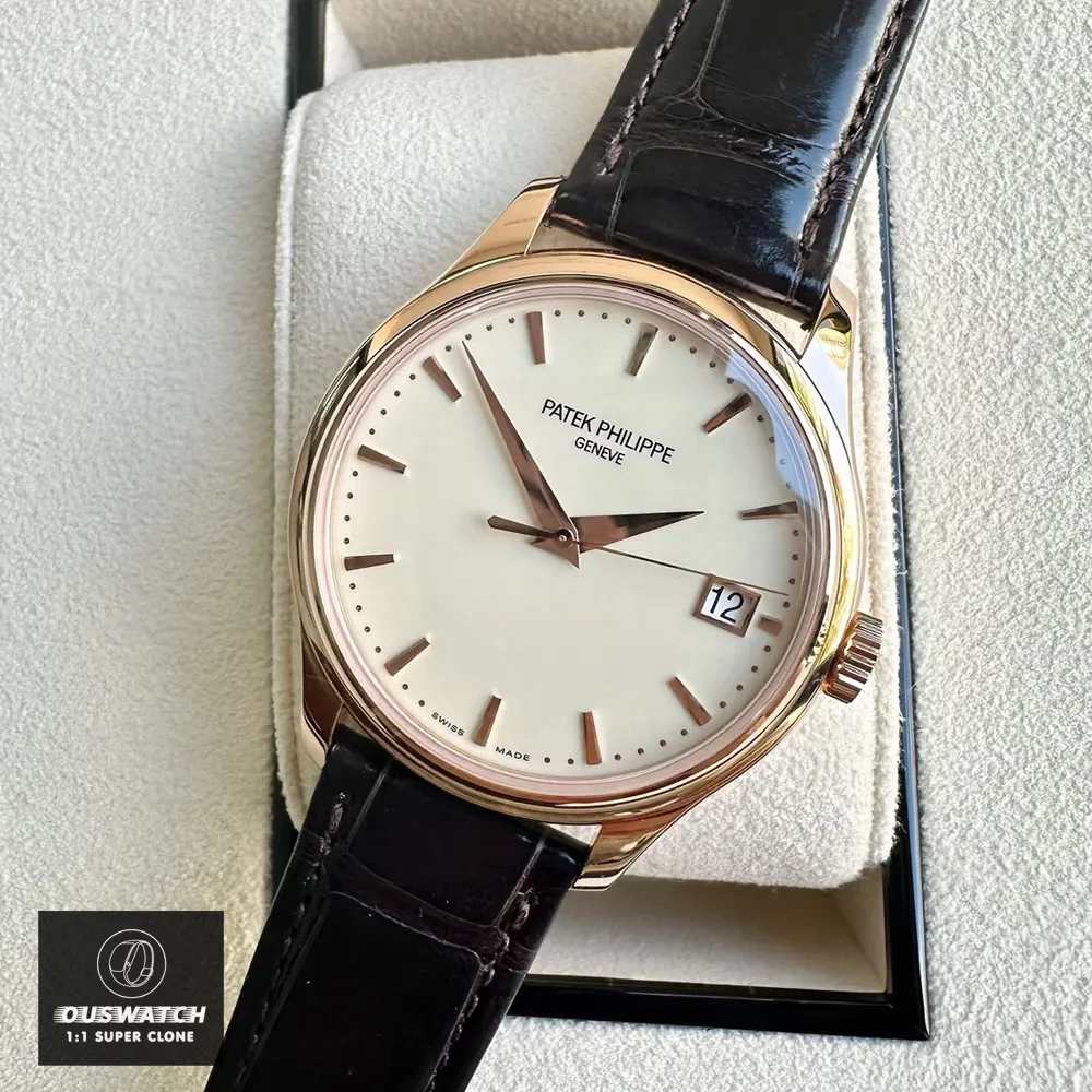 Super Clone Patek Philippe Calatrava Rose Gold 5227R watch placed inside the watch box