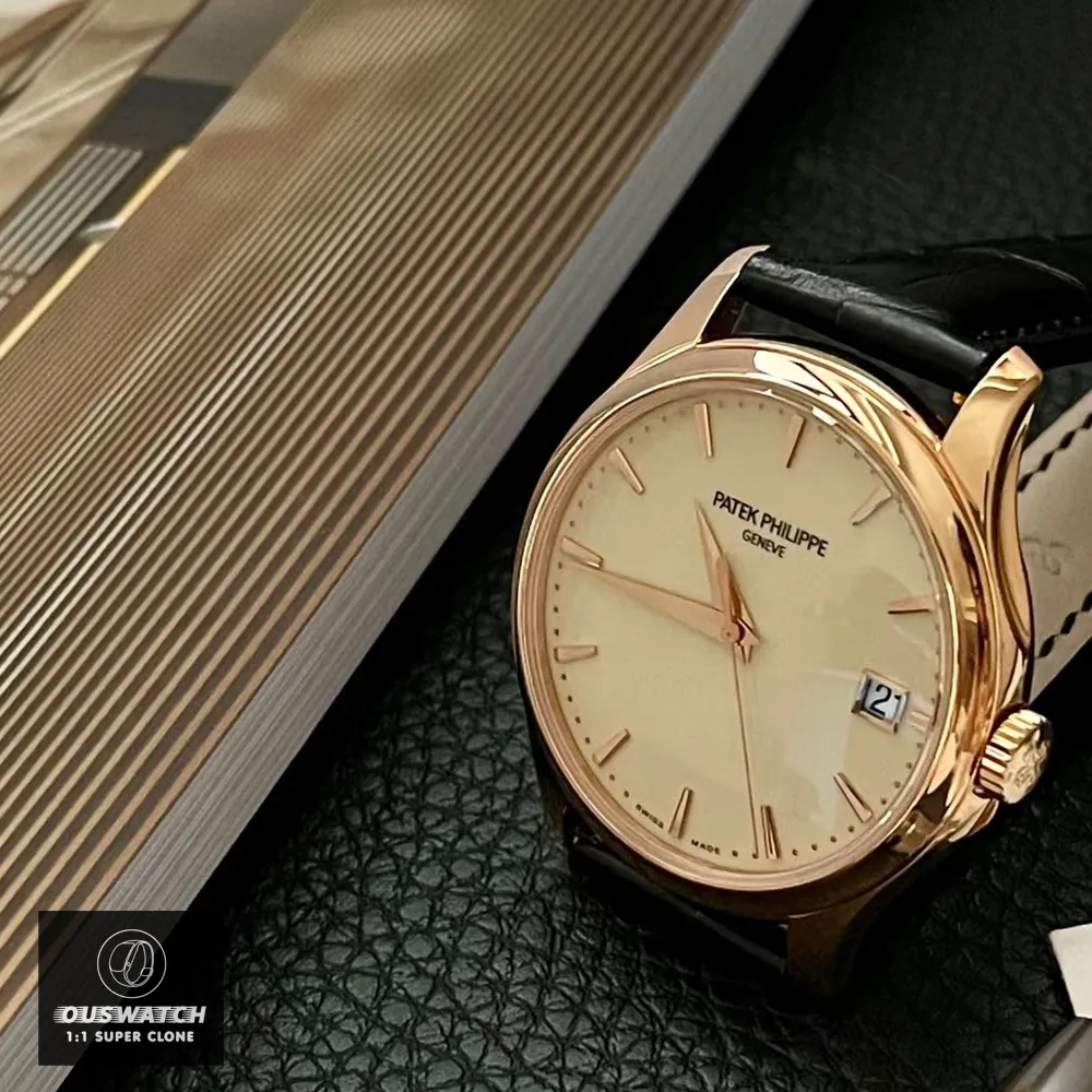 Super Clone Patek Philippe Calatrava Rose Gold watch standing on the table