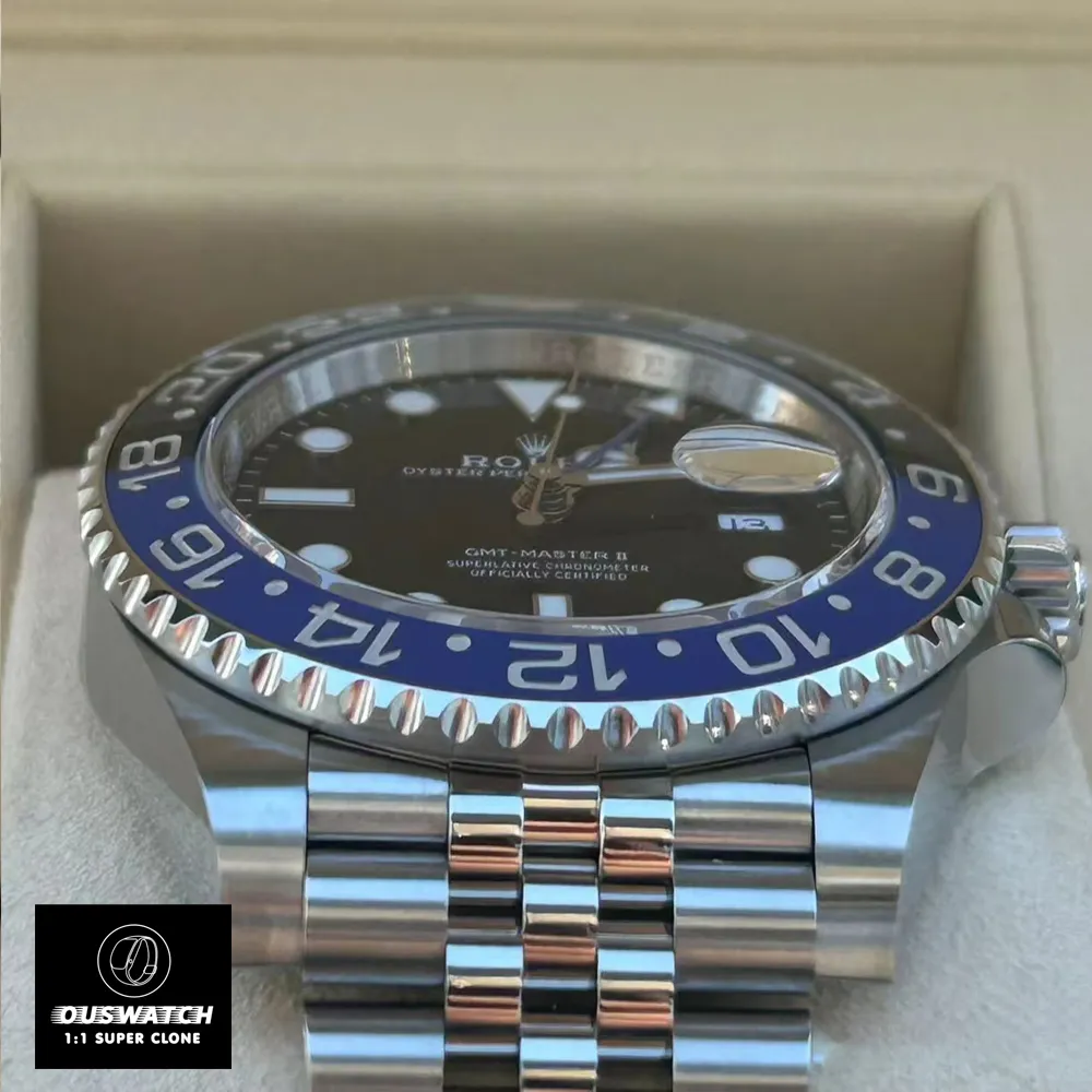 Super Clone Rolex Batgirl GMT Master II Watch Jubilee Stainless Steel Five-Link Bracelet Display