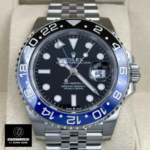 Super Clone Rolex Batgirl GMT Master II Watch Front Close-up of Black Dial
