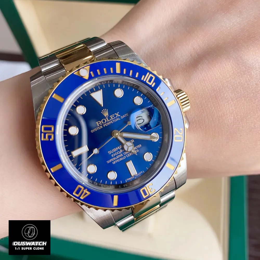 Wearing the Super Clone Rolex Submariner Blue 116613LB watch on the wrist.