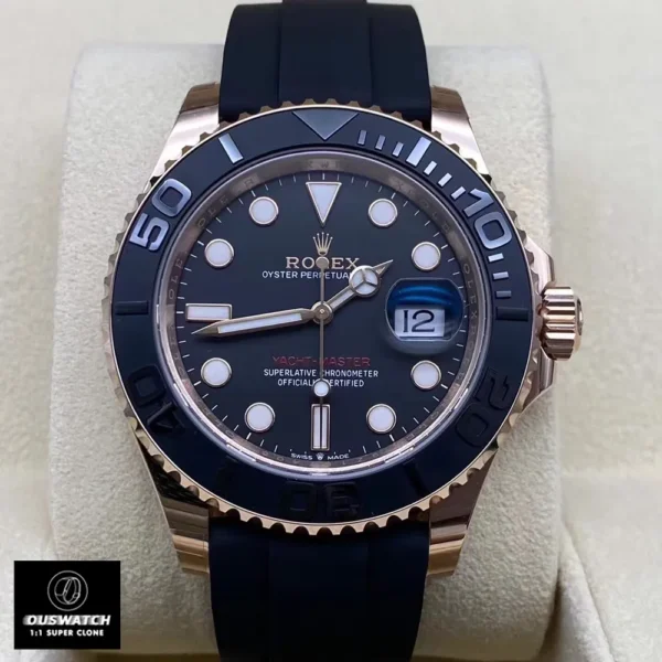 Front view of the Super Clone Rolex Yacht-Master 40 watch with a rose gold case, black dial, and rubber strap