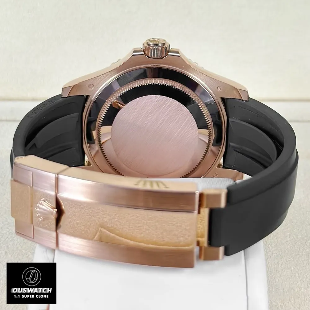 Back view of the Super Clone Rolex Yacht-Master 126655 watch, featuring a black rubber strap and a rose gold clasp