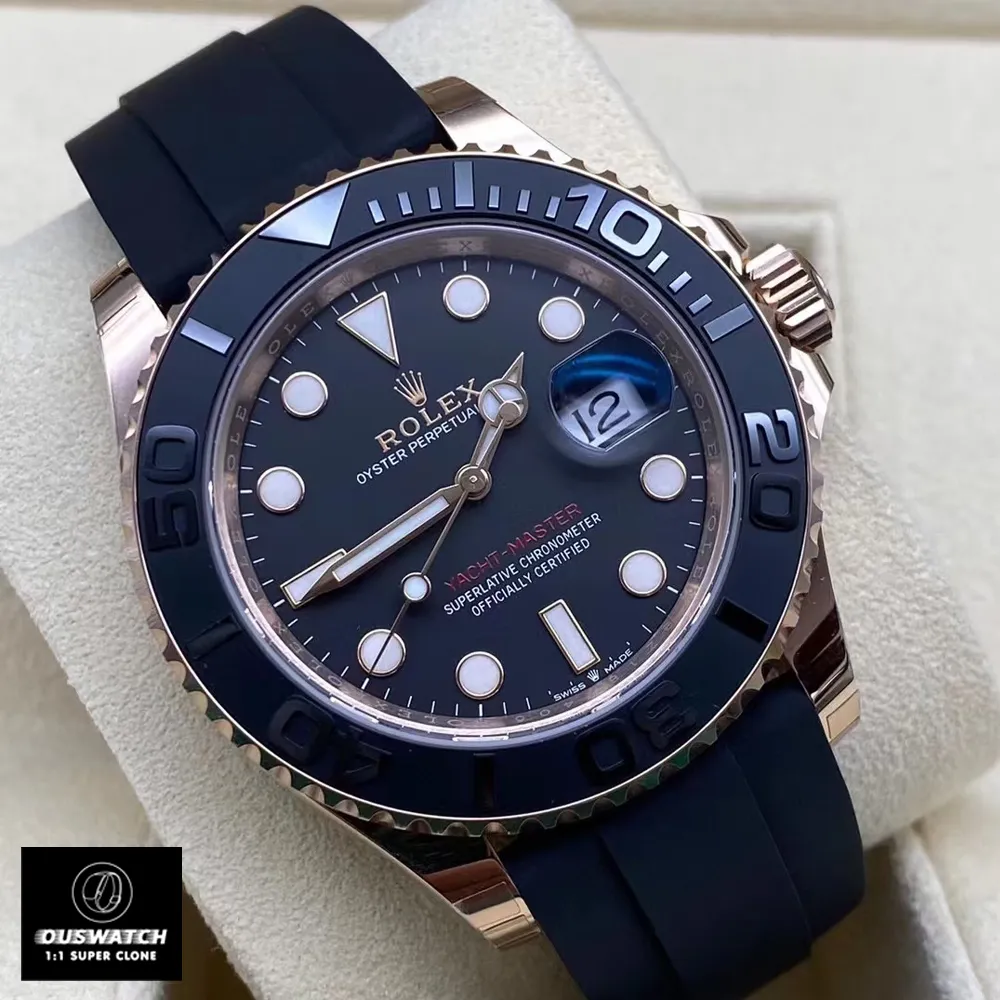 Super Clone Rolex Yacht-Master 40 watch displayed on a watch stand inside a watch box