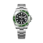 The image shows a Rolex Submariner 126610LV with a green bezel, black dial, and stainless steel bracelet.
