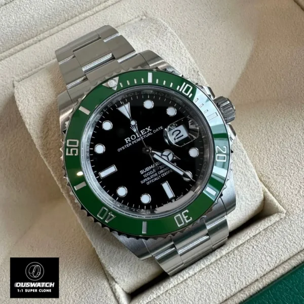 Close-up of the black dial on the Super Clone Rolex Kermit 126610LV watch