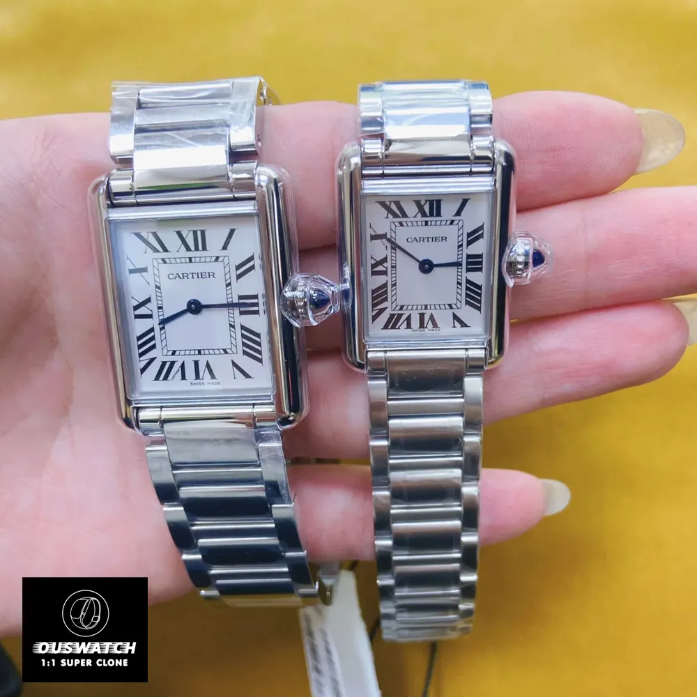 Two Super Clone Cartier Tank Must Watches, one small model and one large model.