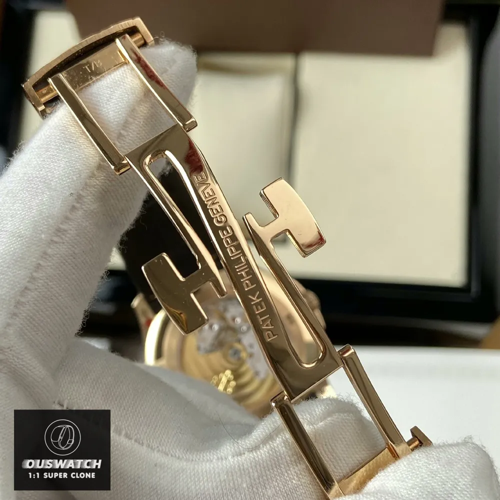Opened view of the rose gold clasp on the Super Clone Patek 5167R watch