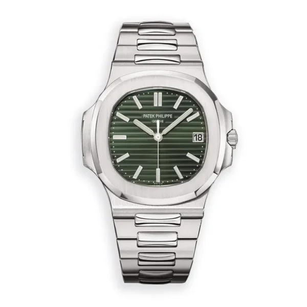 Super Clone Patek Philippe Nautilus 5711-1A-014 watch with stainless steel case and bracelet, and green dial.