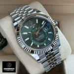 Replica Rolex Sky Dweller Green m336934 watch displayed at a 120-degree angle, emphasizing its craftsmanship.