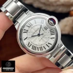 120-degree front view display of Cartier Ballon Bleu 33mm super clone watch, highlighting the elegance and sophistication of the watch through its high-polished stainless steel craftsmanship.