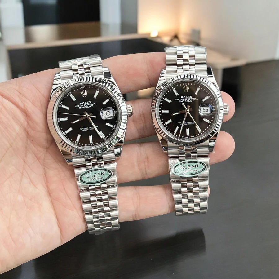 36mm and 41mm Rolex Datejust Black Dial Replica Watches - Side-by-Side Comparison