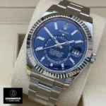 Replica Rolex 336934 Sky Dweller Blue Dial watch shown at a 45-degree angle, emphasizing its beautiful blue dial.