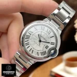 45-degree angle display of Cartier Ballon Bleu 33mm super clone watch, showing the front bracelet and stainless steel case.