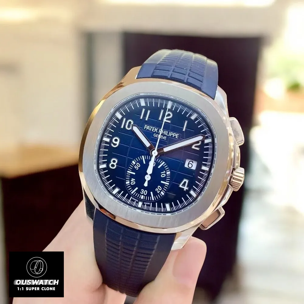 Replica Aquanaut 5968G at 75°, showing blue dial and stainless steel case