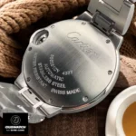 Cartier Ballon Bleu 33mm Watch back view, featuring a refined stainless steel case and identical engravings as the original.