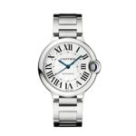 Cartier Ballon Bleu 33mm super clone watches front view, featuring a stainless steel case, bracelet, and silver dial.