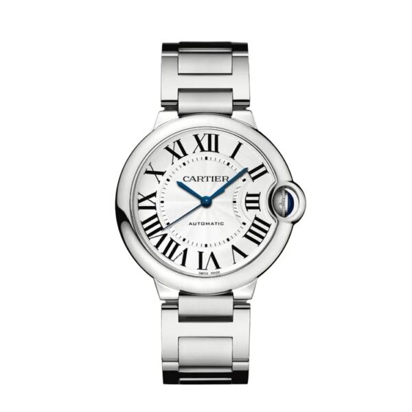 Cartier Ballon Bleu 33mm super clone watches front view, featuring a stainless steel case, bracelet, and silver dial.