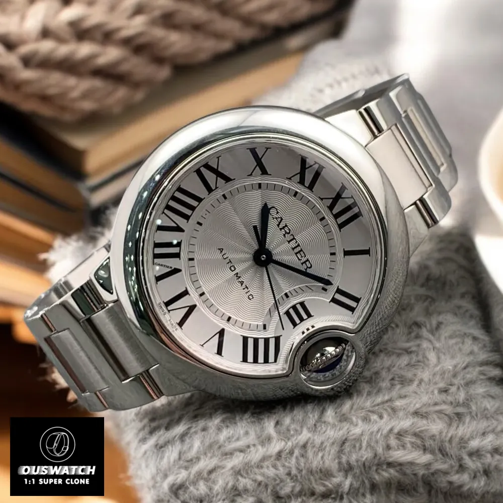 1:1 Super Clone Cartier Ballon Bleu 33mm Watch with a silver dial and highly polished stainless steel case.