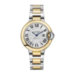 Front View of Cartier Ballon Bleu Two-Tone Watch, showcasing the two-tone steel and gold case with a silver-textured dial and black Roman numeral hour markers.