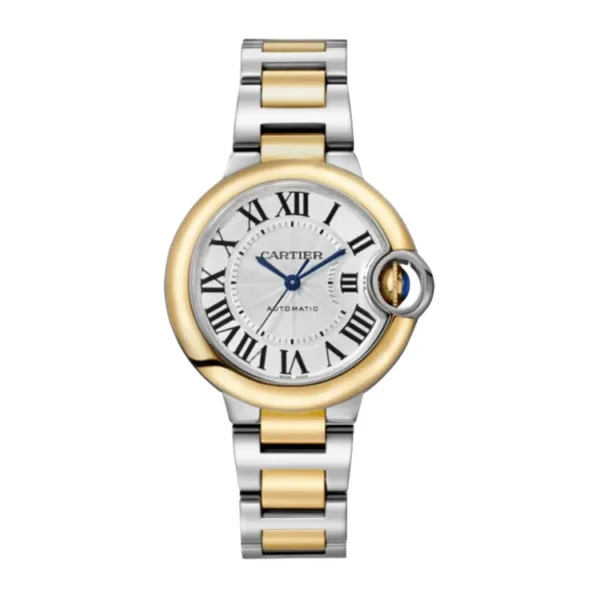 Front View of Cartier Ballon Bleu Two-Tone Watch, showcasing the two-tone steel and gold case with a silver-textured dial and black Roman numeral hour markers.