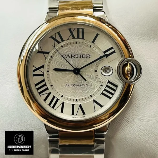 Cartier Ballon Bleu Two-Tone Watch Dial Detail, highlighting the silver texture, black Roman numerals, and blue lacquered hands.