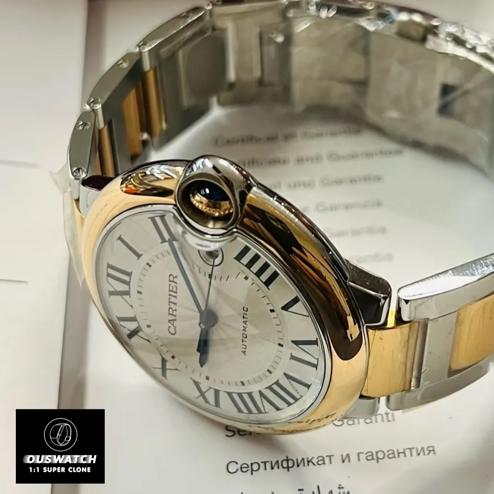 Cartier Ballon Bleu Two-Tone Watch Side View Close-Up, showcasing the luxurious 18K gold case.