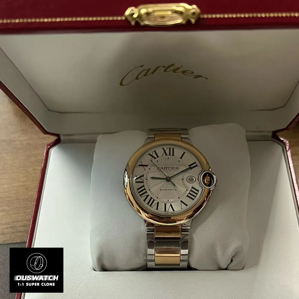 Cartier Ballon Bleu Two-Tone Watch Placed in Its Watch Box