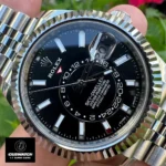 Close-Up of Replica Rolex Sky Dweller Stainless Steel Watch Black Dial