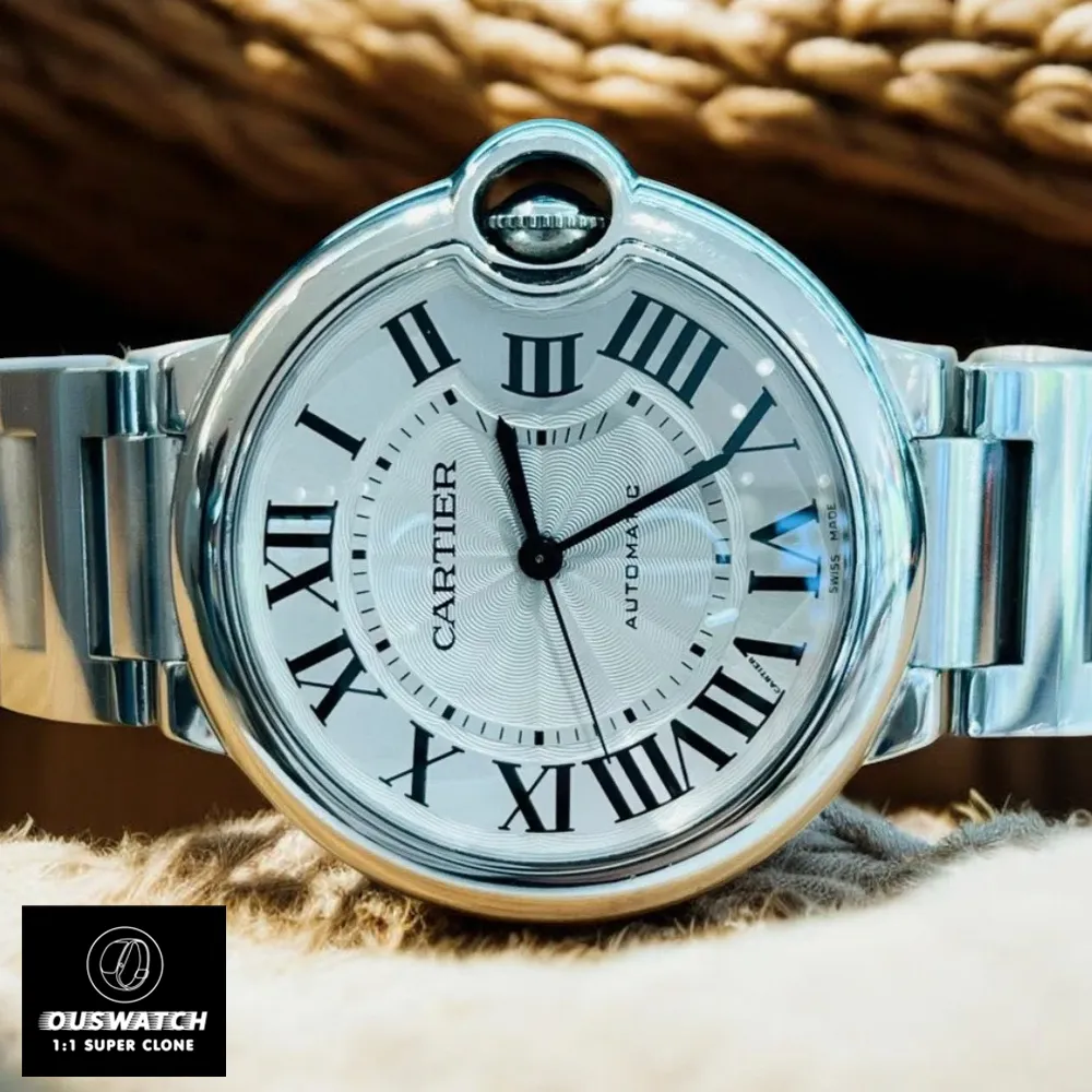 Side view of the Cartier Ballon Bleu 33mm Watch showcasing the silver dial details.