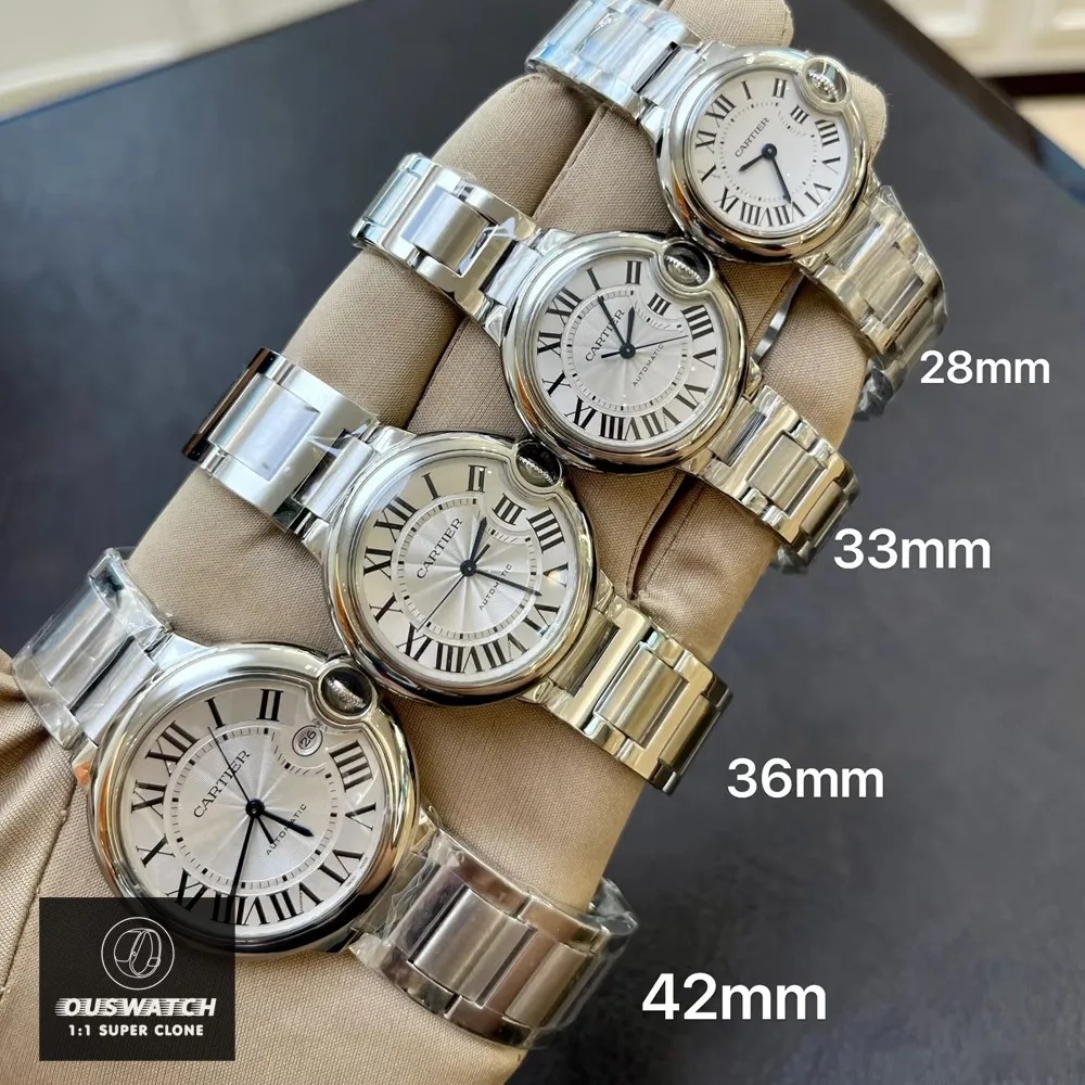 Four Cartier Ballon Bleu Watches in different sizes displayed together: 28mm, 33mm, 36mm, and 42mm.