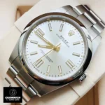 Replica Rolex Oyster Perpetual 41 Silver Dial watch at a 45-degree angle, focusing on the crisp silver dial and sophisticated Oystersteel case.