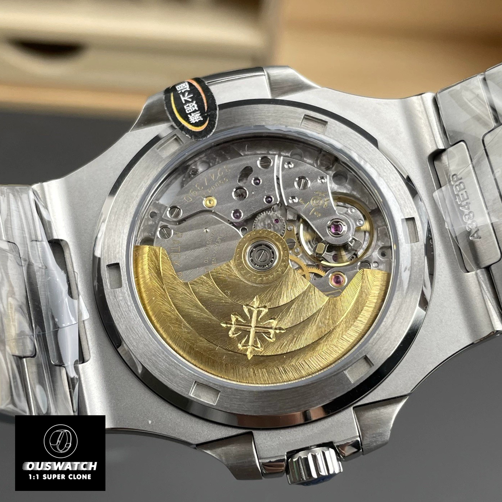 Close-up of the Patek Philippe Nautilus 5711/1A-011 back case showcasing the movement.