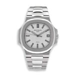 Patek Philippe Nautilus 5711/1A-011 with white dial displayed on a clean white background.
