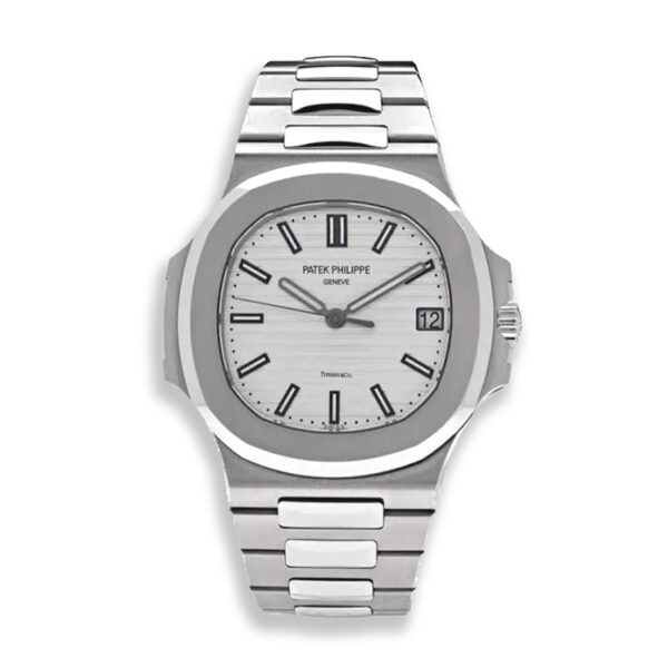 Patek Philippe Nautilus 5711/1A-011 with white dial displayed on a clean white background.