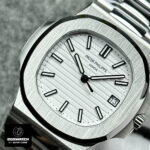 Close-up of the Patek Philippe Nautilus 5711/1A white dial highlighting fine details.
