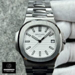 Front view of the Patek Philippe Nautilus 5711/1A with a white dial and stainless steel case.