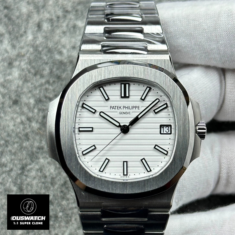 Front view of the Patek Philippe Nautilus 5711/1A with a white dial and stainless steel case.