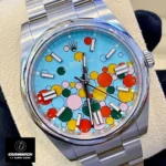 Close-up view of the Replica Rolex 124300 with the iconic Celebration Dial, highlighting the colorful design and craftsmanship.