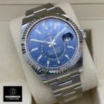 Replica Rolex 336934 Sky Dweller Blue Dial watch displayed at a 120-degree angle, highlighting its luxurious design.