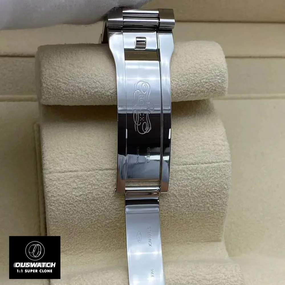 Replica Rolex Blue Dial Sky Dweller watch with a detailed view of the folding Oysterclasp, ensuring durability and ease of use.