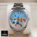 Replica Rolex Celebration Dial Oyster Perpetual m124300 watch front view showcasing vibrant dial details and Oystersteel case.