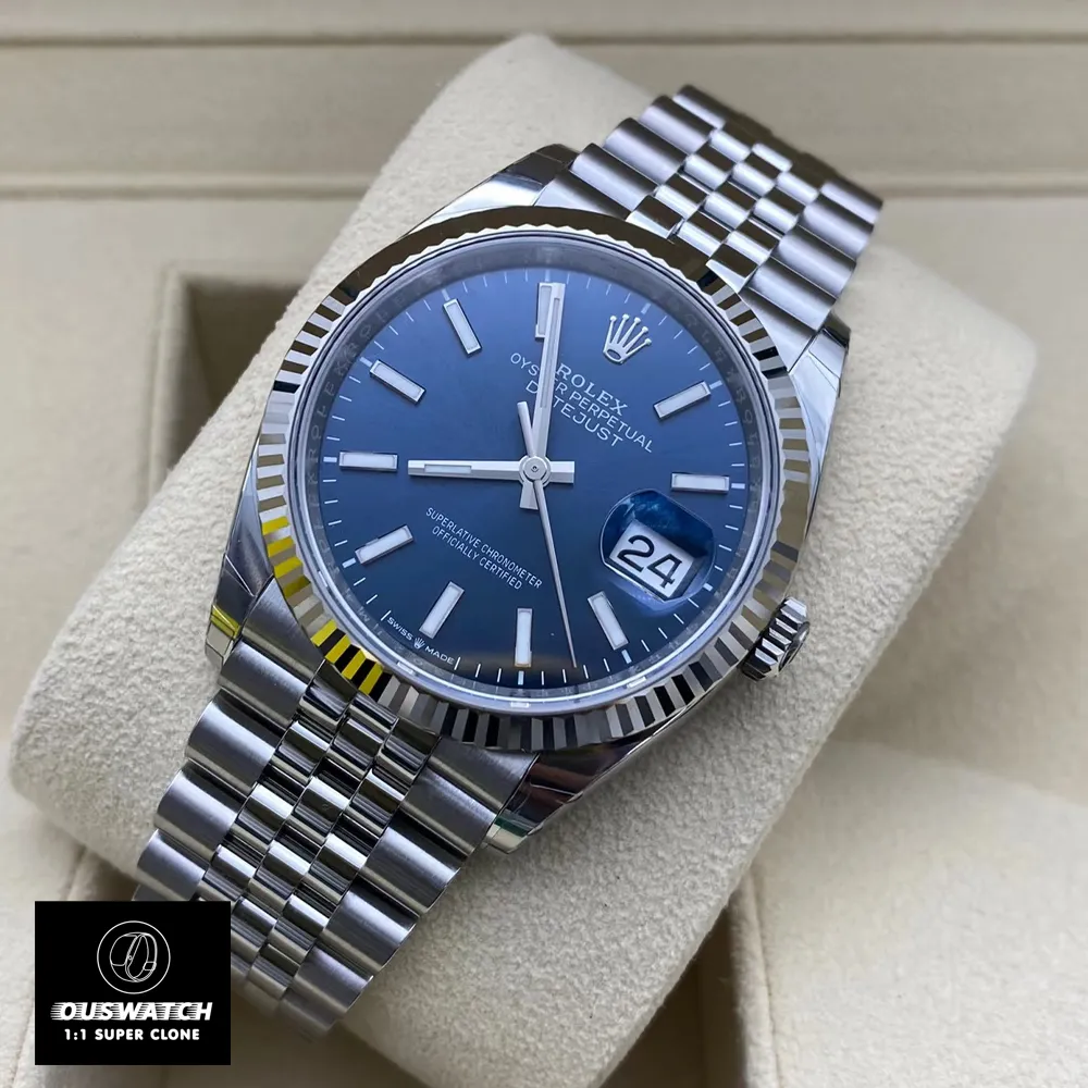 Super clone Rolex Datejust 126334 Blue Dial Watch 45-degree angle highlighting the steel case, blue dial, and fluted bezel.
