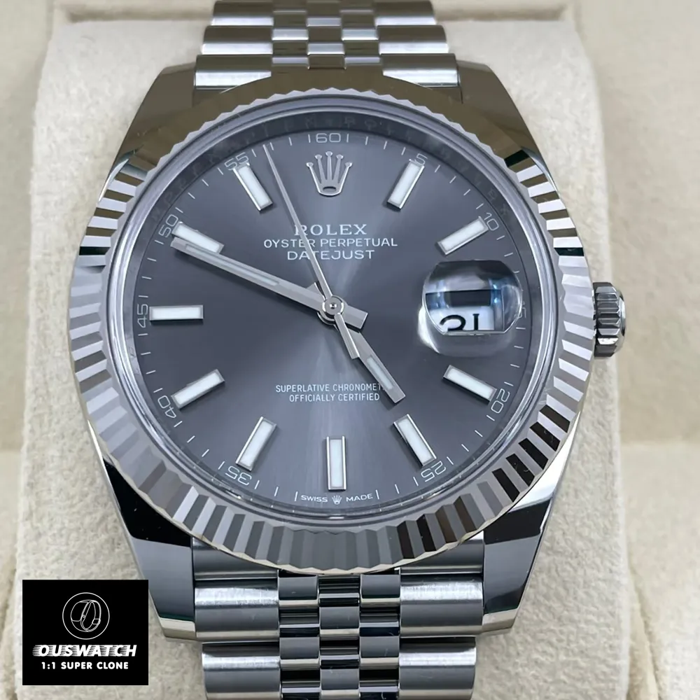 Replica Rolex Datejust Grey Dial 126334 Watch front view showcasing the elegant grey dial with Oystersteel case.