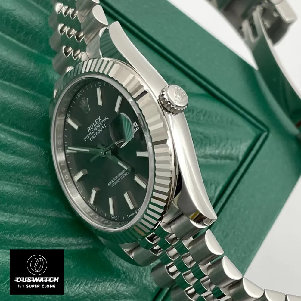 Replica Rolex Datejust Grey Dial 126334 Watch displayed side view on watch box, showcasing the refined details and Oystersteel case.