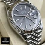Replica Rolex Datejust Grey Dial 41mm Watch with 904L stainless steel case, emphasizing the durable and refined construction.