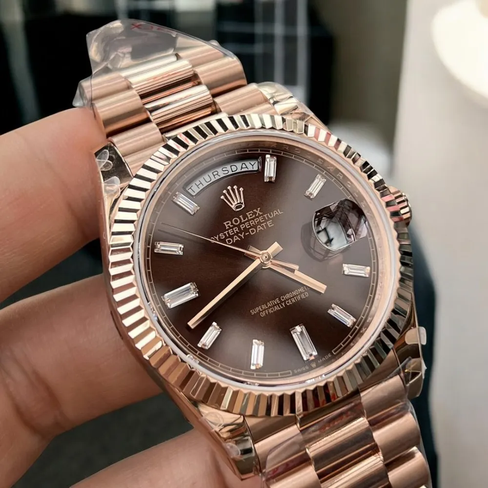 Super Clone Rolex Day Date 40 Rose Gold Watch close-up of the chocolate dial