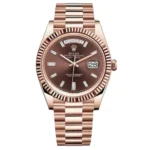 Super Clone Rolex Day Date Chocolate Dial 40mm Rose Gold m228235 Watch, featuring a luxurious rose gold case and chocolate dial for a sophisticated look.