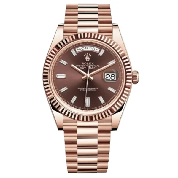 Super Clone Rolex Day Date Chocolate Dial 40mm Rose Gold m228235 Watch, featuring a luxurious rose gold case and chocolate dial for a sophisticated look.