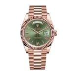Replica Rolex Day Date Rose Gold 40MM Green Dial m228235 Watch, showcasing a luxurious rose gold case and Green dial.